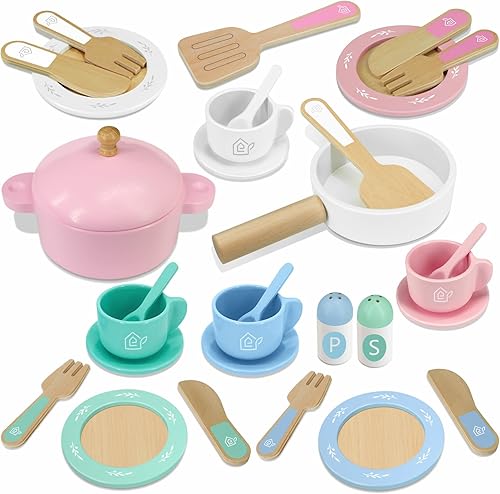 Juego de platos y platos de madera para cocina, 30 piezas Montessori Play Accesorios de cocina para niños pequeños con ollas y sartenes de juguete,