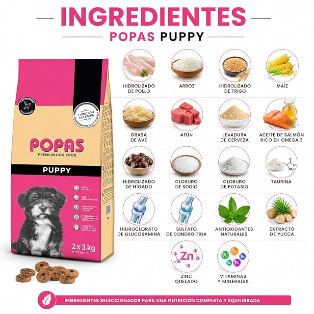 Foto 2 de 8 de POPAS Pienso para Cachorros, Comida para Perros, Alimento Seco con Pollo y Aceite de Salmón