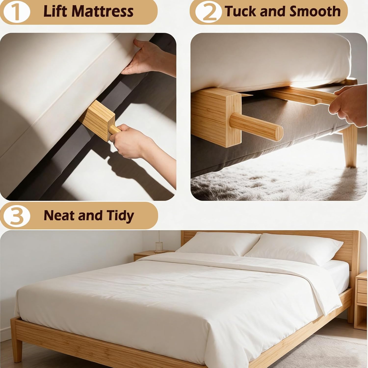 Mattress Lifter & Sheet Tucker Tool Set, Mattress Wedge Elevator, Bed Sheet Tucking Paddle, Used for Lifts & Holds The Mattress, Tucks Sheets, Removes Sheets, Alleviating Back Pain (Bamboo Wood)
