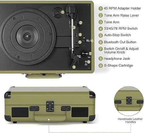 Miniatura 12 de Tocadiscos con altavoces, reproductor de discos de vinilo Bluetooth con grabación, reproductor LP portátil de maleta de 3 velocidades, tocadiscos de