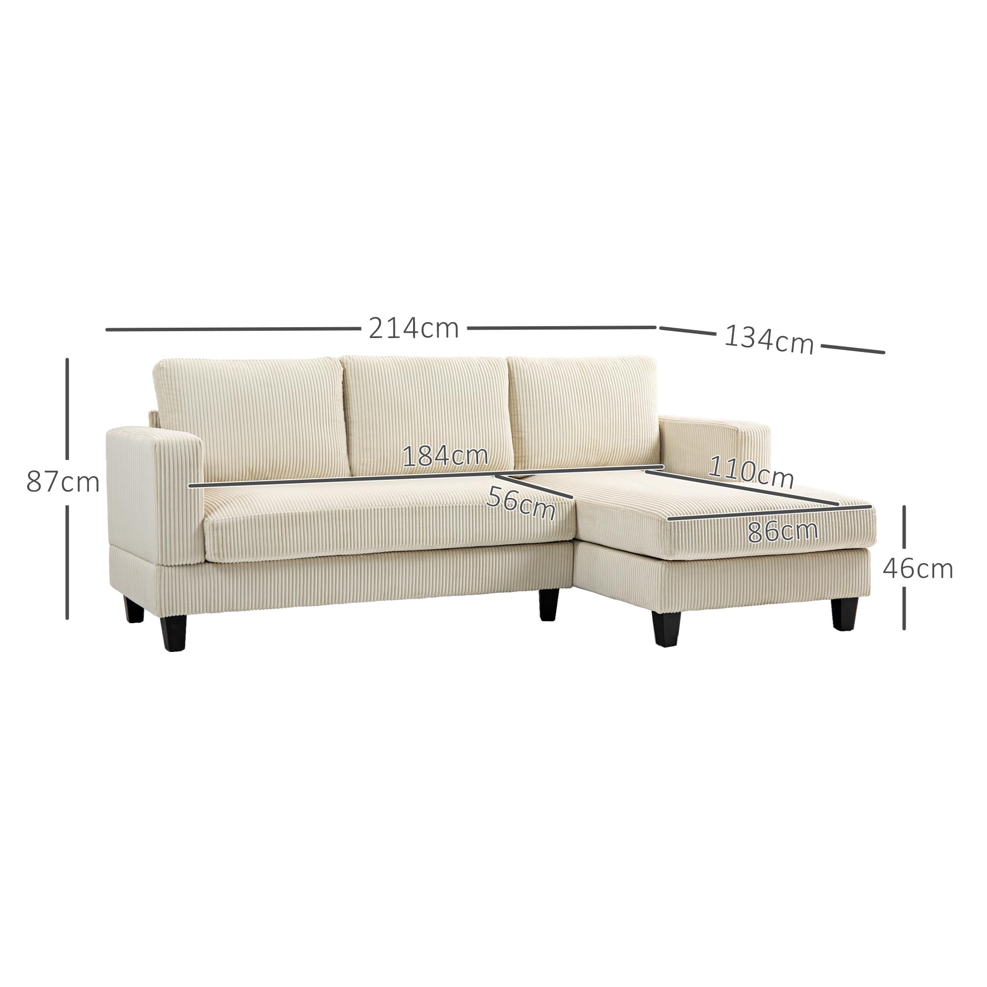 HOMCOM Sofá Chaise Longue, Sofá de 3 Plazas en Forma de L, Tapizado en Pana, Asiento y Respaldo Acolchados, para Salón, 214x134x87 cm, Beige