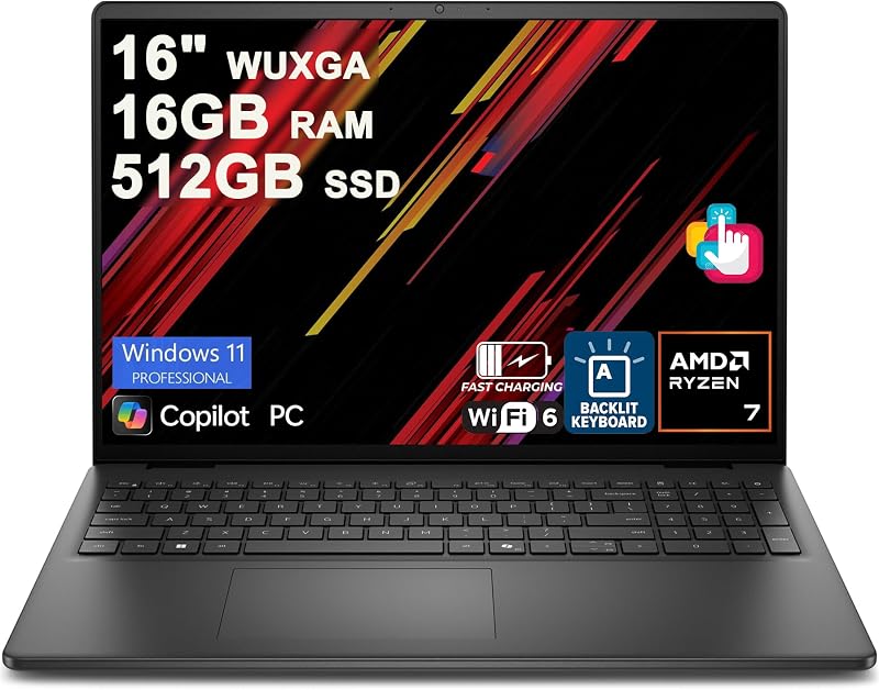 16 portátil 16" WUXGA Pantalla táctil AMD 8 núcleos Ryzen 7 250 16 GB RAM 512 GB SSD Retroiluminado ExpressCharge Wi-Fi6 para Creador Diseñador Negocio Trabajo Profesional Win11Pro