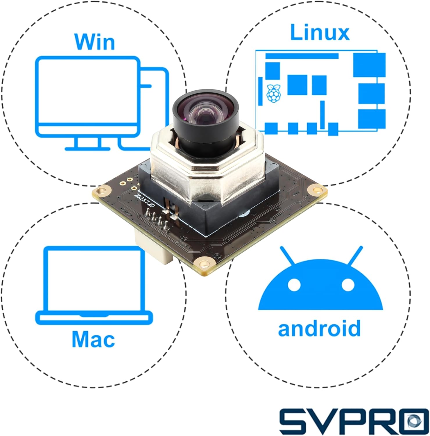 SVPRO camera module highlighting USB Plug and Play compatibility with various operating systems and software like Facetime, OBS, Zoom, VLC.