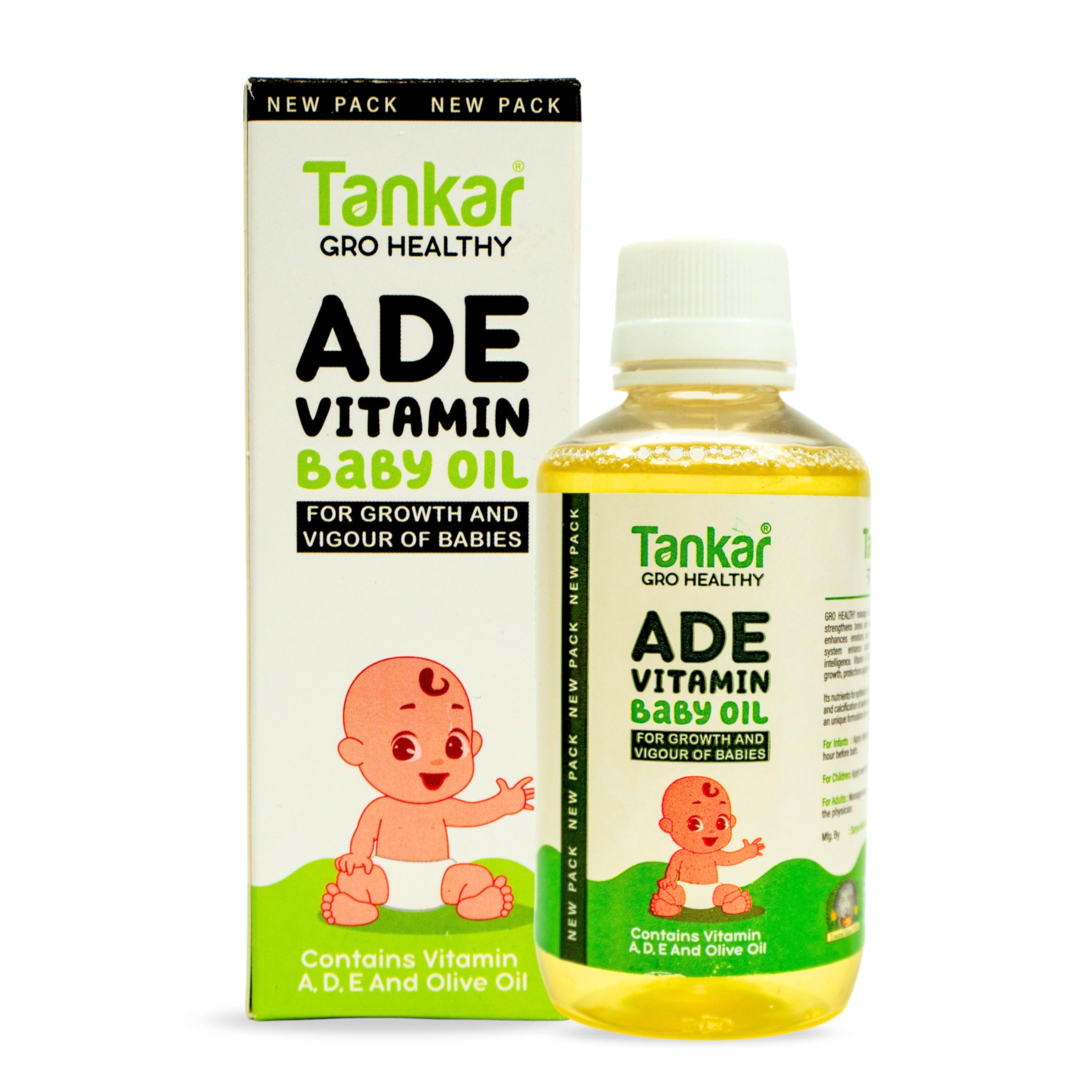 Tankar ADE Vitamin Baby Massage Oil for New Born, 170ml - With Vitmain A,D, E, & Olive Oil - 100% Natural & Ayurvedic Body Oil for Massage - For Healthy Skin, Bones, & Muscles - For All Skin Type