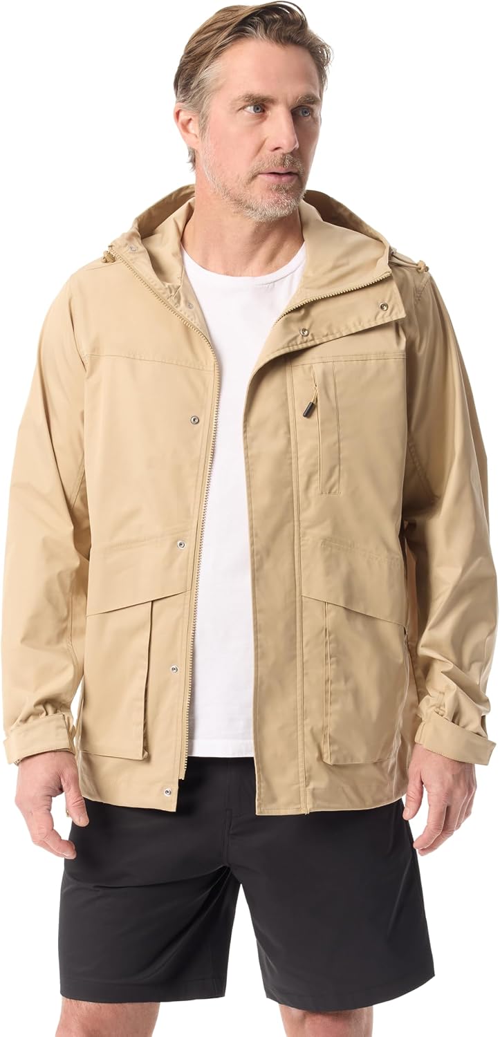 BASS OUTDOOR Men's Rain Parka Snap Front Water Resistant Hooded Jacket Standard