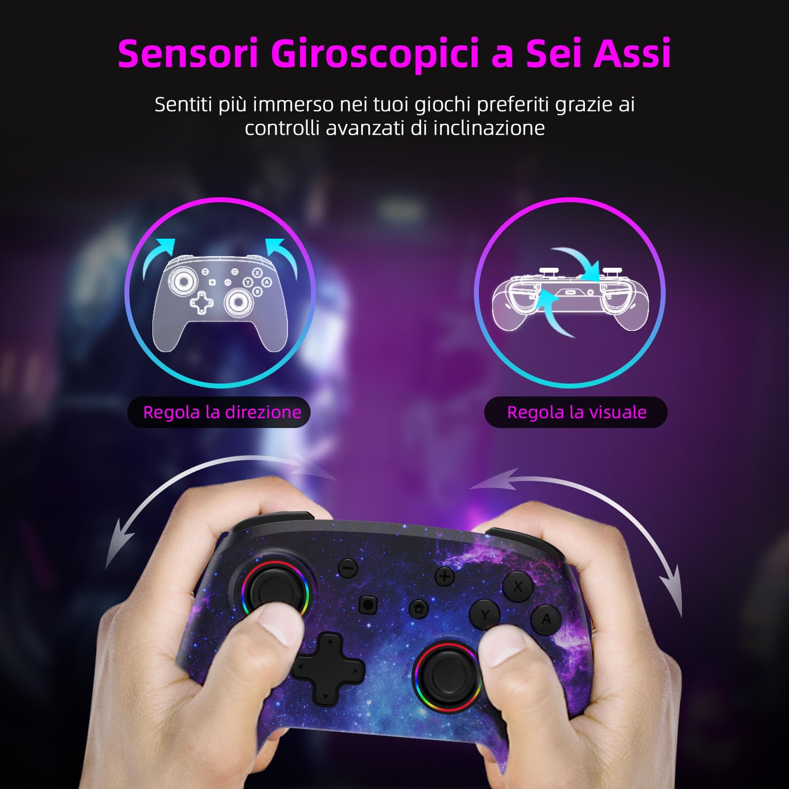 NexiGo Controller Senza Fili per Switch/Switch Lite/OLED, Controller Bluetooth per Nintendo Switch con Vibrazione, Movimento, Turbo e Luce LED (Cosmic Nebula)