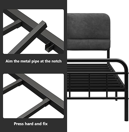 Miniatura 5 de Base de cama metálica de 14 pulgadas, base de cama tamaño individual con cabecero tapizado, base de colchón resistente y de alta capacidad, fácil