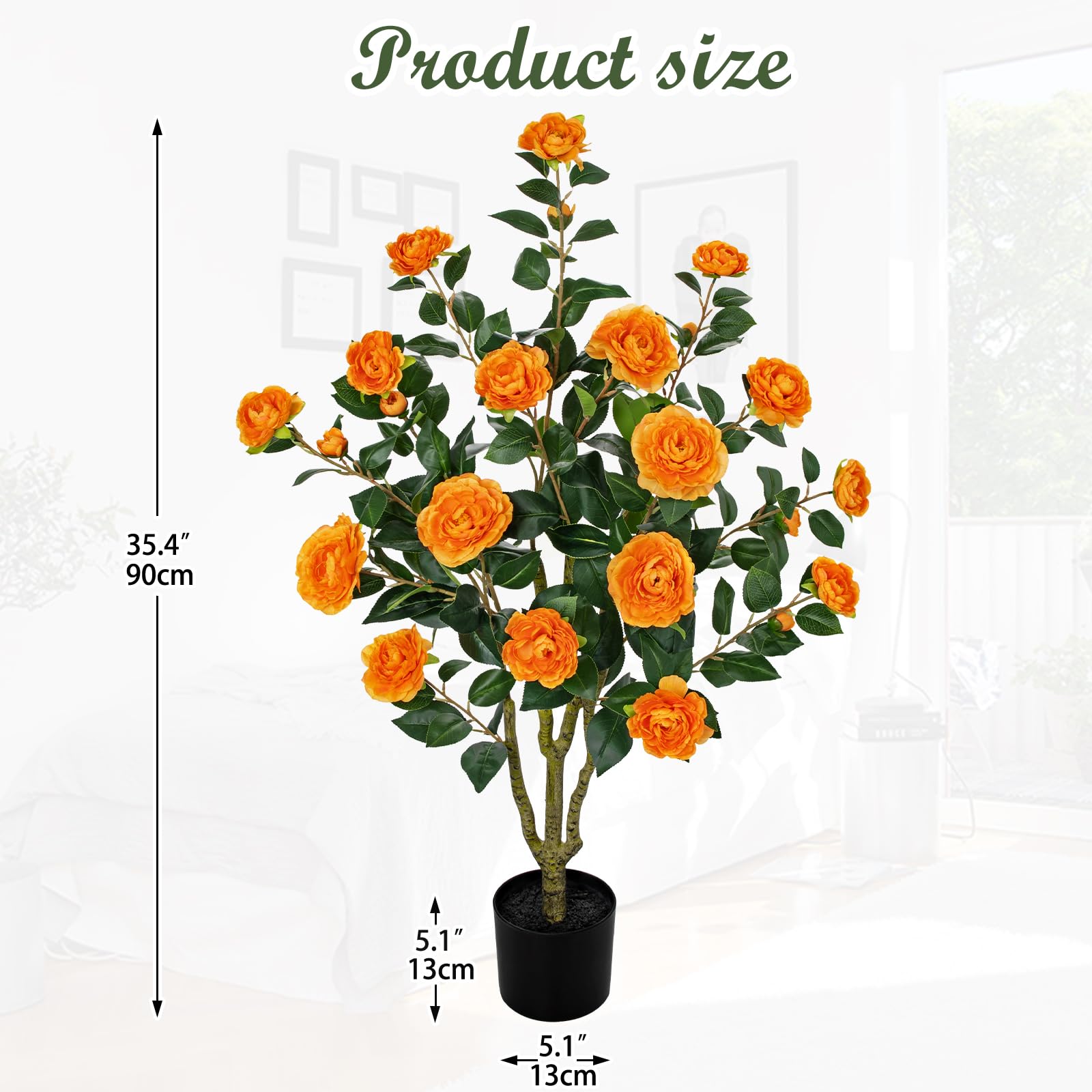 Árbol de camelia artificial de 90 cm, árbol de arte con flores, árbol de camelia artificial naranja, árbol decorativo, plantas artificiales como de verdad en maceta, decoración de primavera