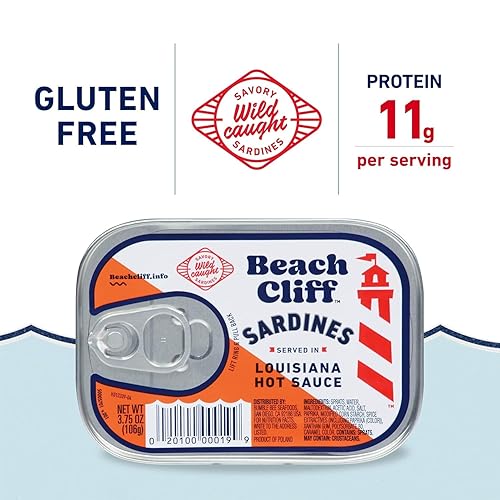 Miniatura 3 de Beach Cliff Wild Caught Sardines in Louisiana Hot Sauce, lata de 3.75 onzas (paquete de 12)  0.49oz de proteína por porción, sin gluten, apto para