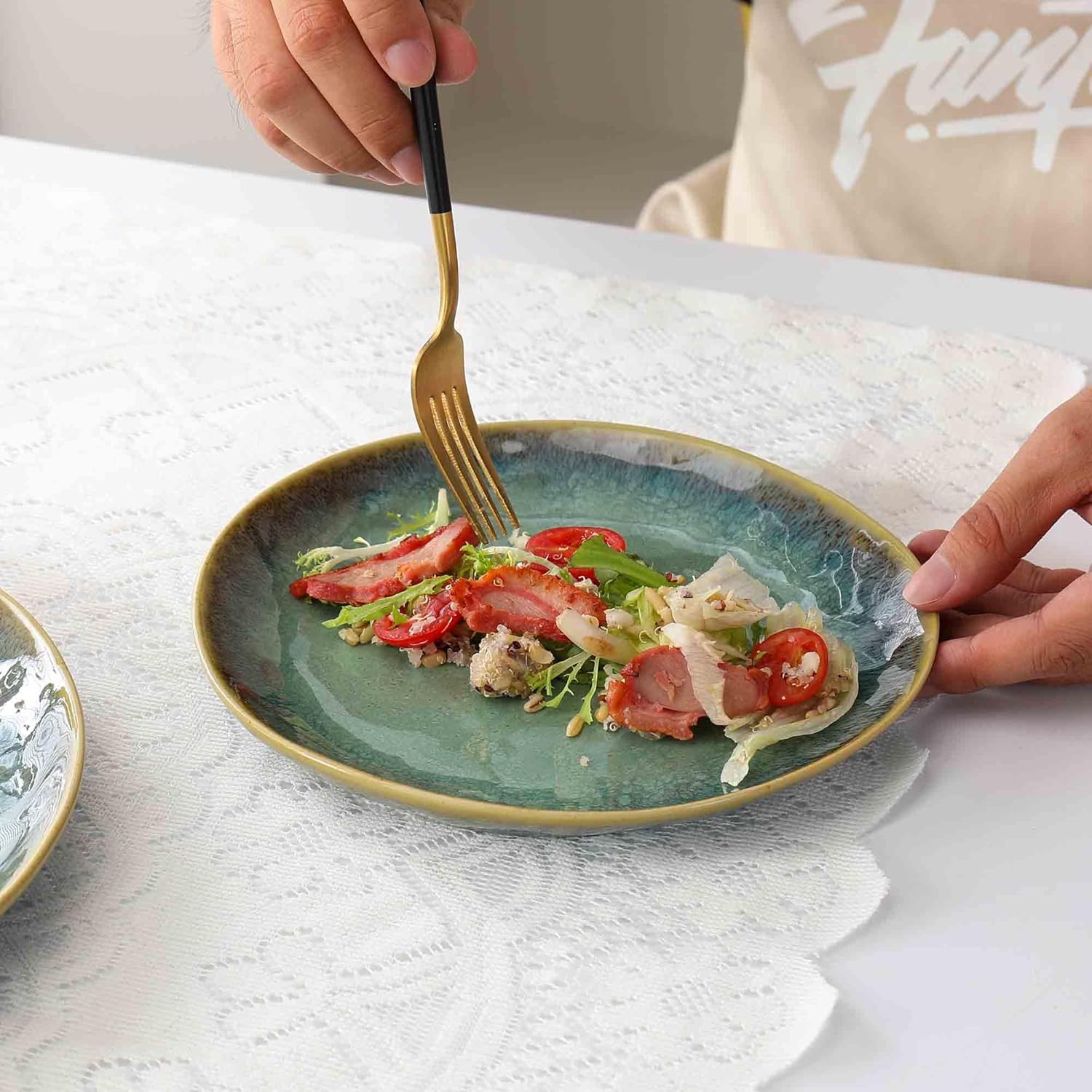 Henten Home Ceramic Dessert Plates, 8.5 Inch Salad Plate Set of 4, Porcelain Snack Serving Dishes for Cake, Kitchen, Microwave & Dishwasher Safe, Reactive Glaze (Green) - Image 3