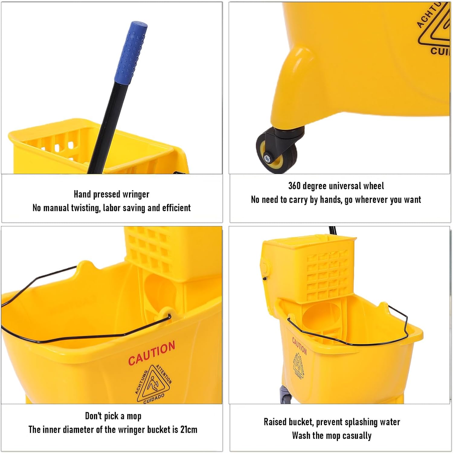 Fockety Commercial Mop Bucket, Rectangular Side Press Wringer on Wheels, 24L Yellow Heavy Duty Cleaning Cart Mop Wringer with 360 Rotating Casters for Restaurant Office Industrial Use