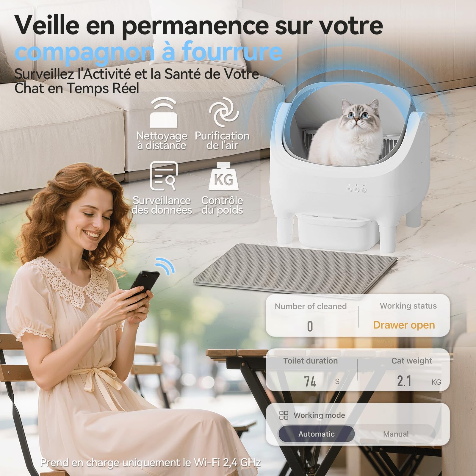 Lettiera Gatto Autopulente aperta, controllabile via APP. Formato XXL, dotata di serbatoio rifiuti da 12L per un ciclo di autopulizia di 15 giorni, Lettiera Autopulente per Gatti per più gatti.