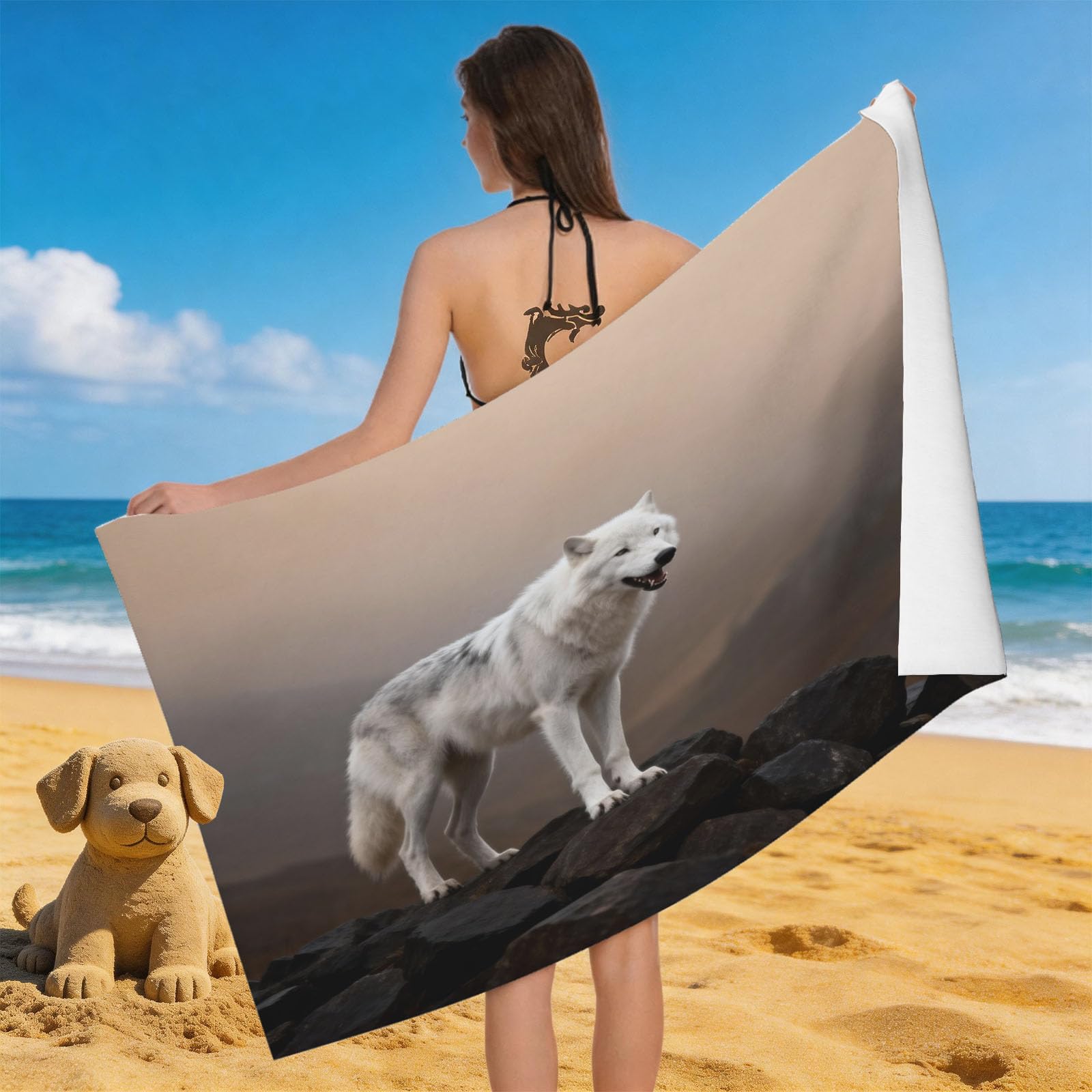 Leichong 3D White Wolf Beach Towel Large Microfiber Soft Quick Dry for Adults, Animal Print Bath Towel Lightweight Soft Absorbent for Travel Swimming Pool Sports, 80 x 160 cm