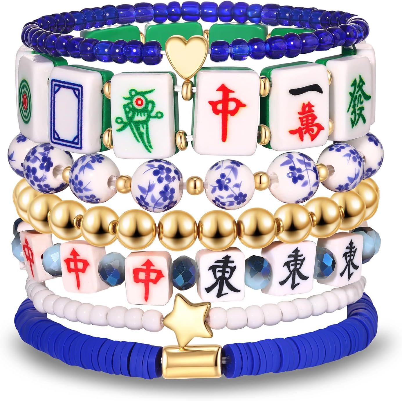 BVGA Mahjong Bracelets for Women Stackable Pearl Gold Ball Beaded Stretch Bracelet Funny Lucky Mahjong Jewelry Gifts Party Favors