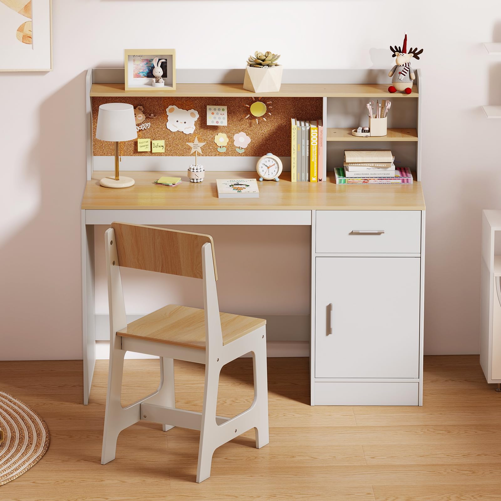 COSTWAY Bureau Enfant avec Chaise Ergonomique et Tableau d'Affichage en Liège, Table avec Étagère Tiroir Armoire, Charge 60/100kg pour 3 Ans+ (Naturel)
