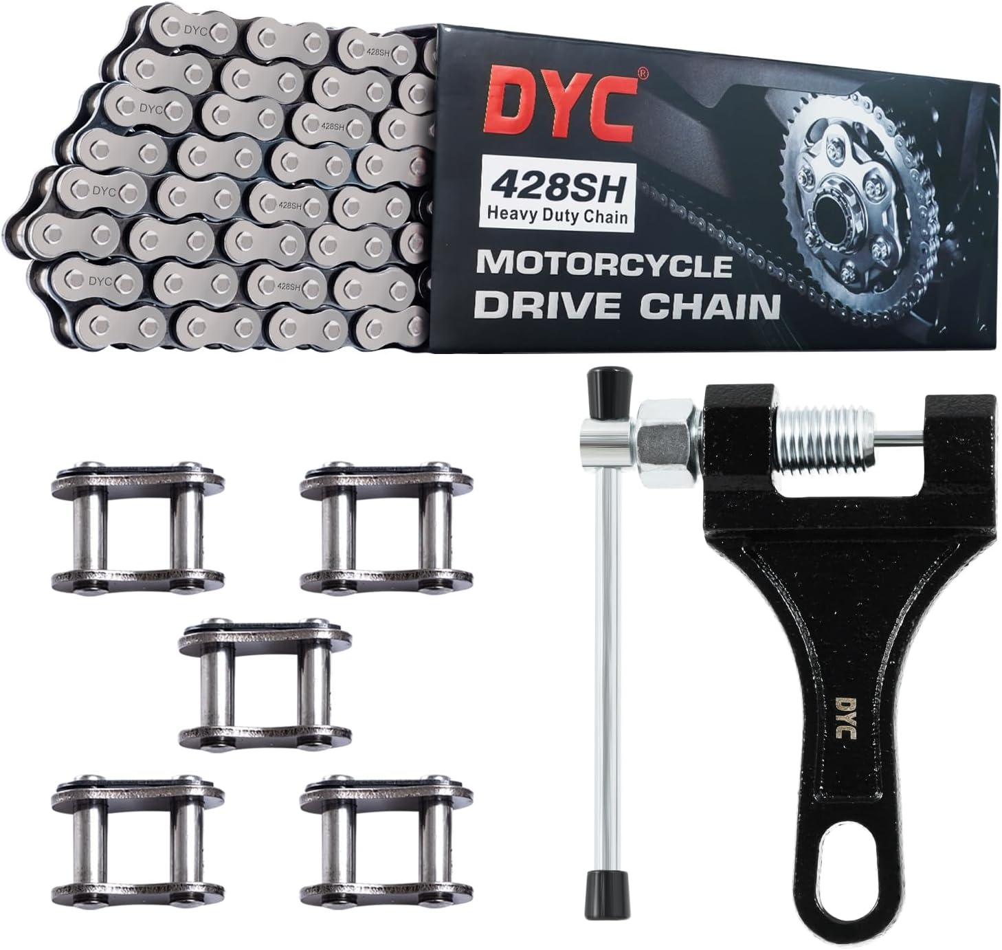 DYC 428H Motorcycle Chain 122 Links with Chain Breaker, 428 Heavy Duty Chain for 125 150 200cc Motorcycle Mini Bike Dirt Bike Go Kart Compatible with SSR TaoTao Coolster Apollo Baja Kazuma Chinese ATV