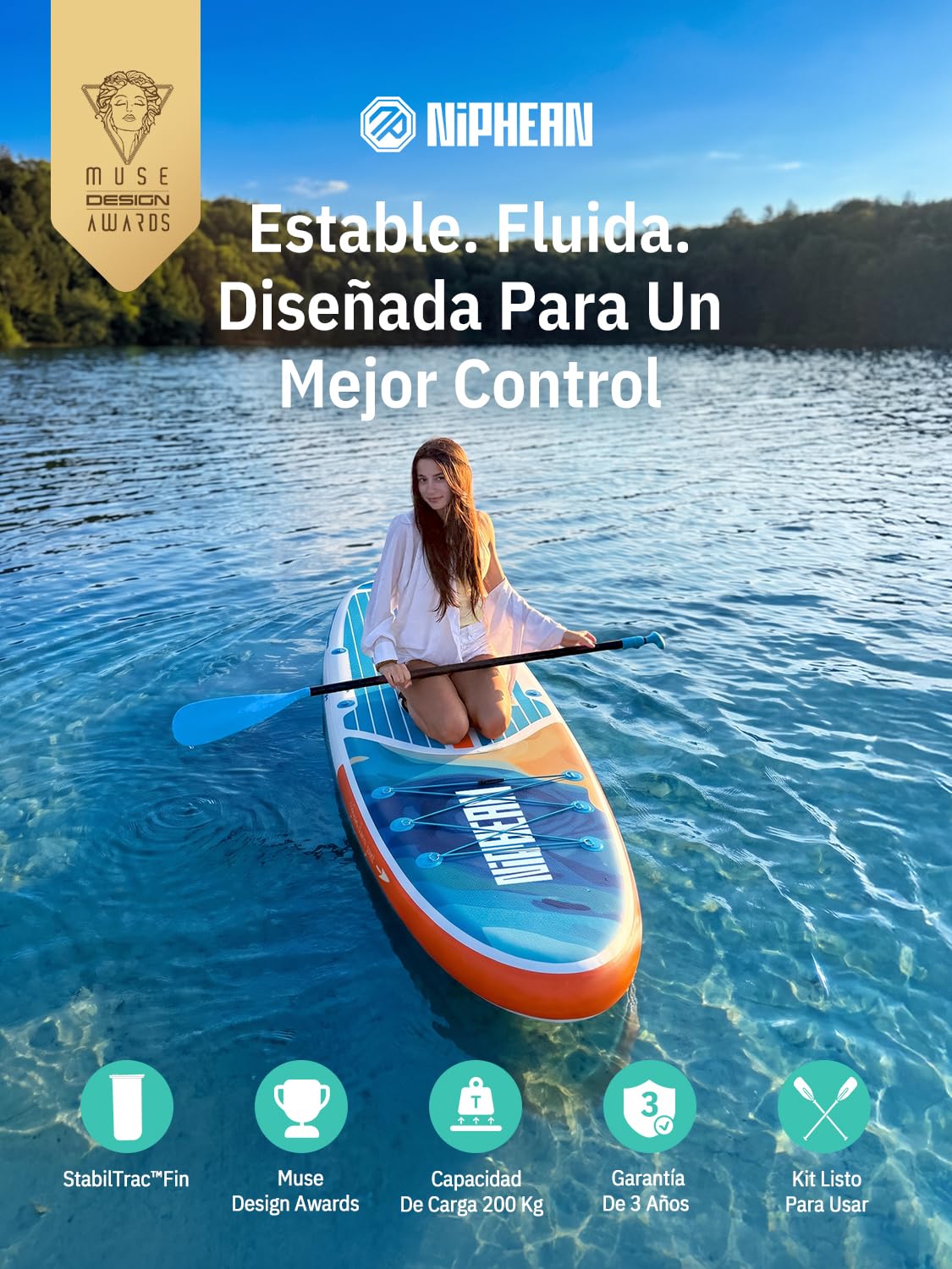 Niphean Tabla Paddle Surf Hinchable con Accesorios 320cm Sup | Capacidad de 200kg, Tabla Paddle Surf Rígida, Antideslizante, Kit Reparación, Adultos, Jóvenes, Principiantes, Yoga