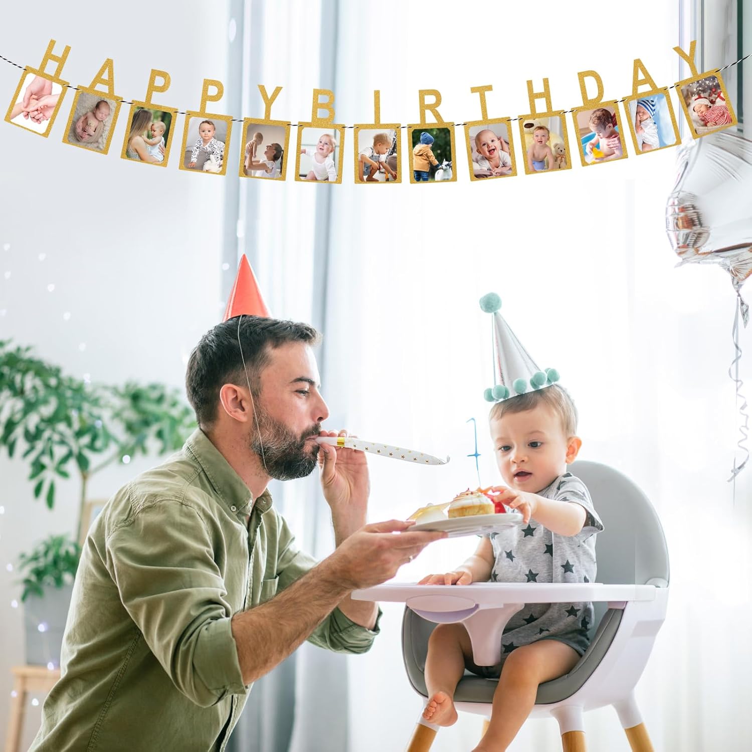 Birthday Photo Banner, Birthday Party Decorations with Rope and Plastic Pin, Happy Birthday Banner for Kids and Adults (Gold)