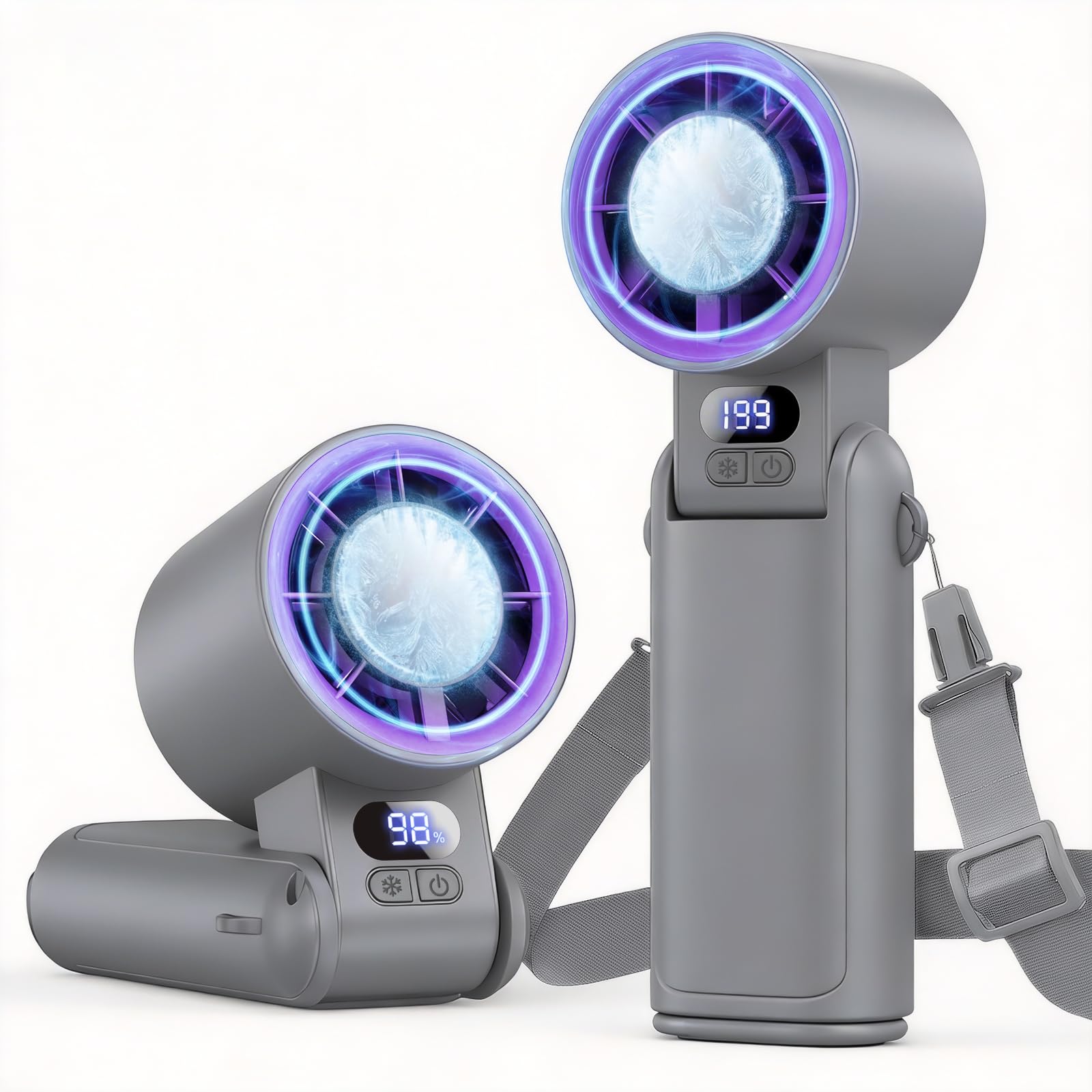 Handheld Fan Rechargeable with Ice Cooler & LED Display, 1-199 Speed Adjustable, 3-in-1 Hand Neck & Desk Fan, Powerful Cooling Portable Mini Hand Held Fans for Travel Camping Office Home, Grey Purple