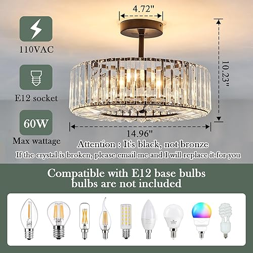 Miniatura 2 de DAFKOS 4 Lights Modern Crystal Chandelier Black Round Semi Flush Mount Ceiling Light Fixture Farmhouse Chandelier for Dinning Room Living Room