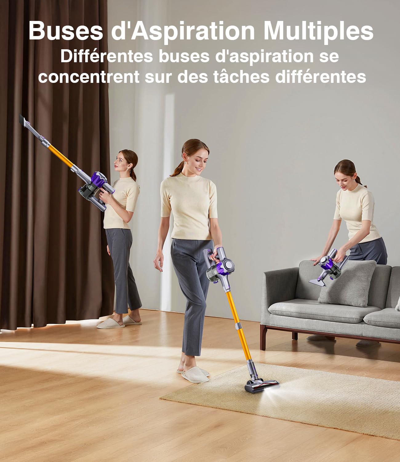Aspirateur Balai sans Fil 450W/40KPA, 50 Minutes Autonomie Aspirateur sans Fil Puissant avec Écran Intelligent, aspirateur (Jaune)