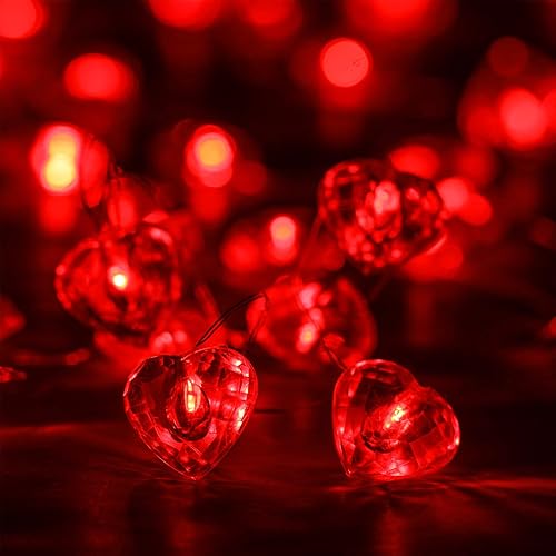Miniatura 7 de Luditek Guirnalda de 50 luces LED con forma de corazón rojo con corte de diamante para San Valentín, bodas, citas, guirnalda interior y exterior,