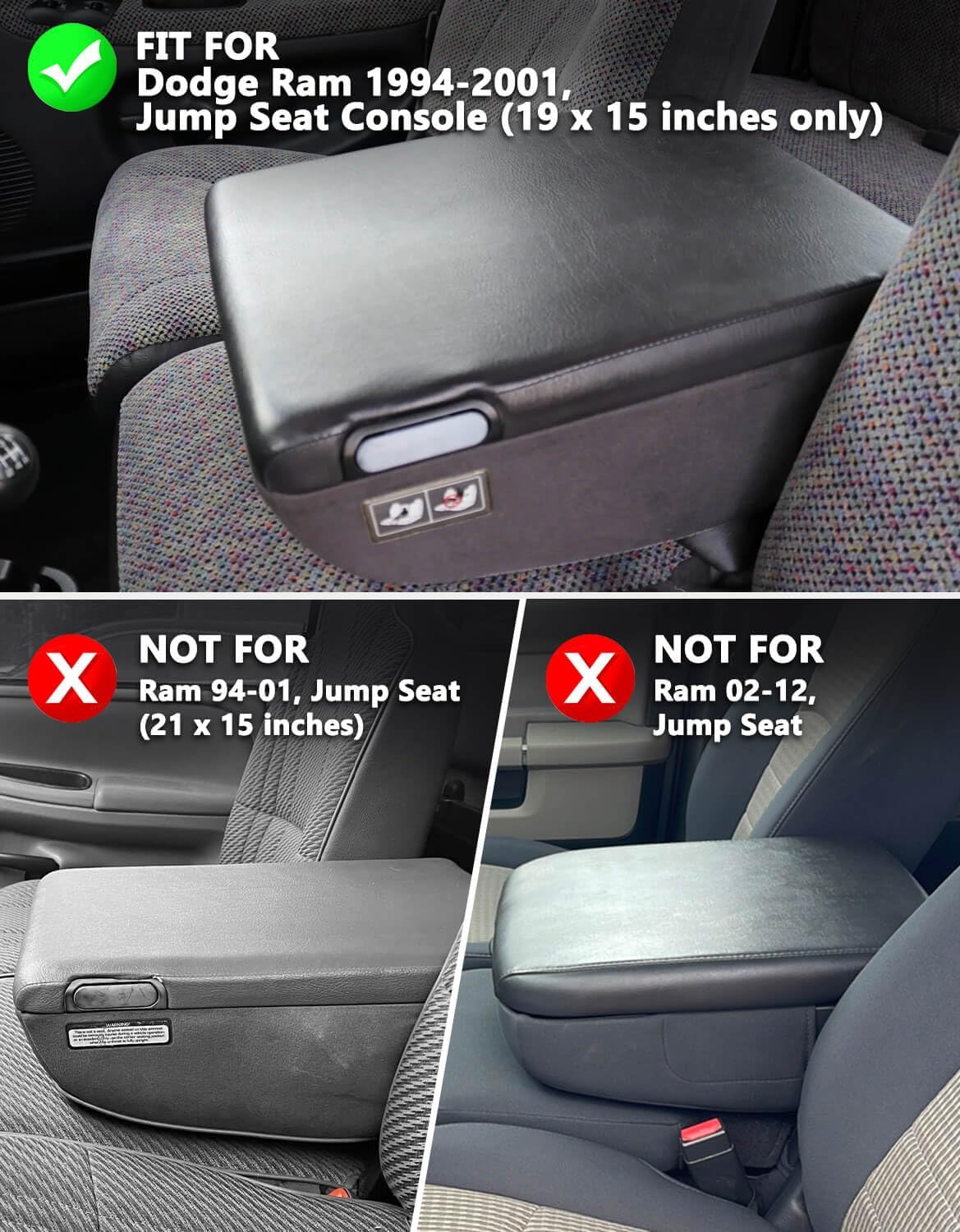 KBH Center Console Armrest Cover for Dodge Ram 1500 2500 3500 1994-2001, 19"x15" Jump Seat, Vinyl Leather Interior Accessories, Anti-Scratch, Black