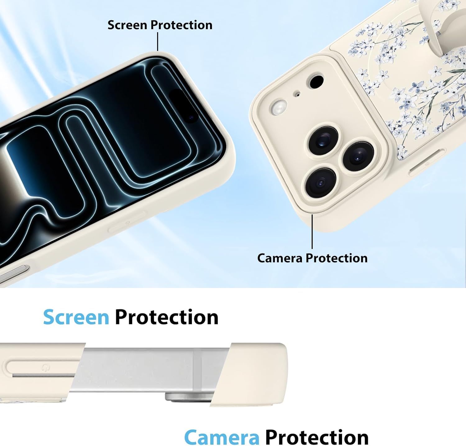 KANGHAR Compatible with iPhone 17 Pro Case, Support for MagSafe, Silicone Cute Pattern Floral Flower Design, Wristband Kickstand Shockproof Soft Bumper Protective Cover for Girls Women, White