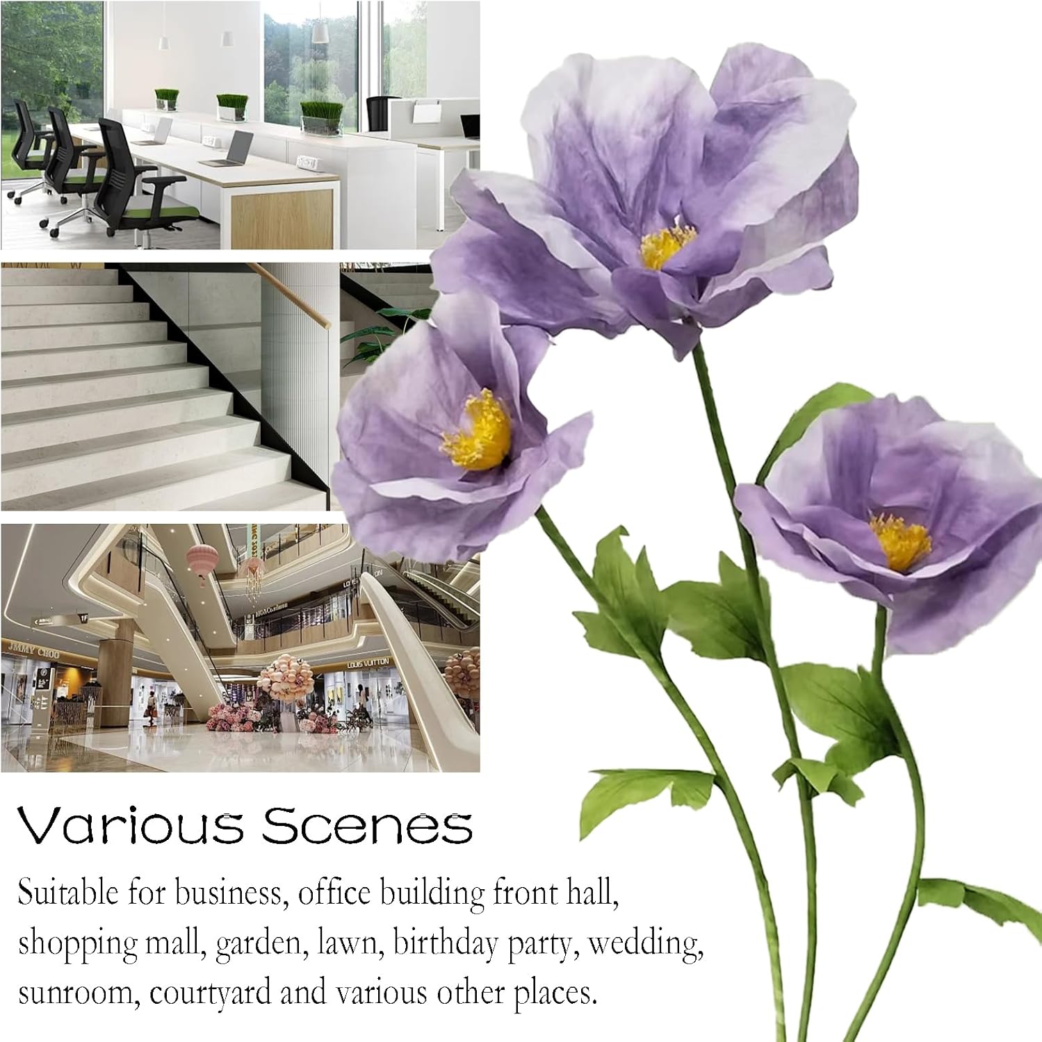 3PCS Purple Giant Artificial Flower 3D Realistic Flowers Made of Waterproof Paper Durable Easy Maintenance Perfect for Home Garden Weddings Hotel Events Christmas Graduation Party Decorations