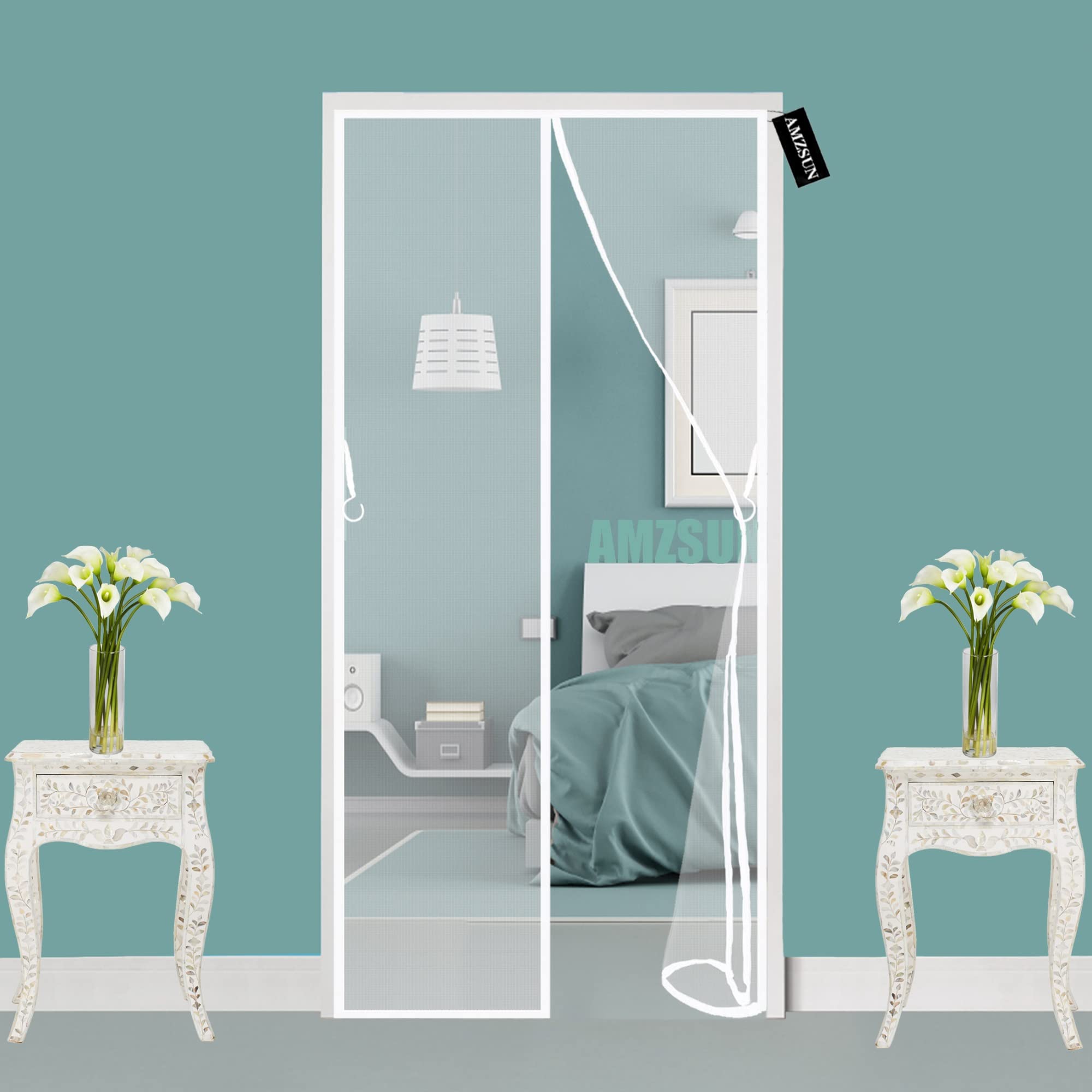 Amzsun White Magnet Fly Screen Door 85X215cm(33X85inch) Magnetic Anti Mosquito Net Seal Automatically,Insect Door Screen With Full Frame Magic Tape, Without Drilling,For Anti Mosquito Or Anti Pest