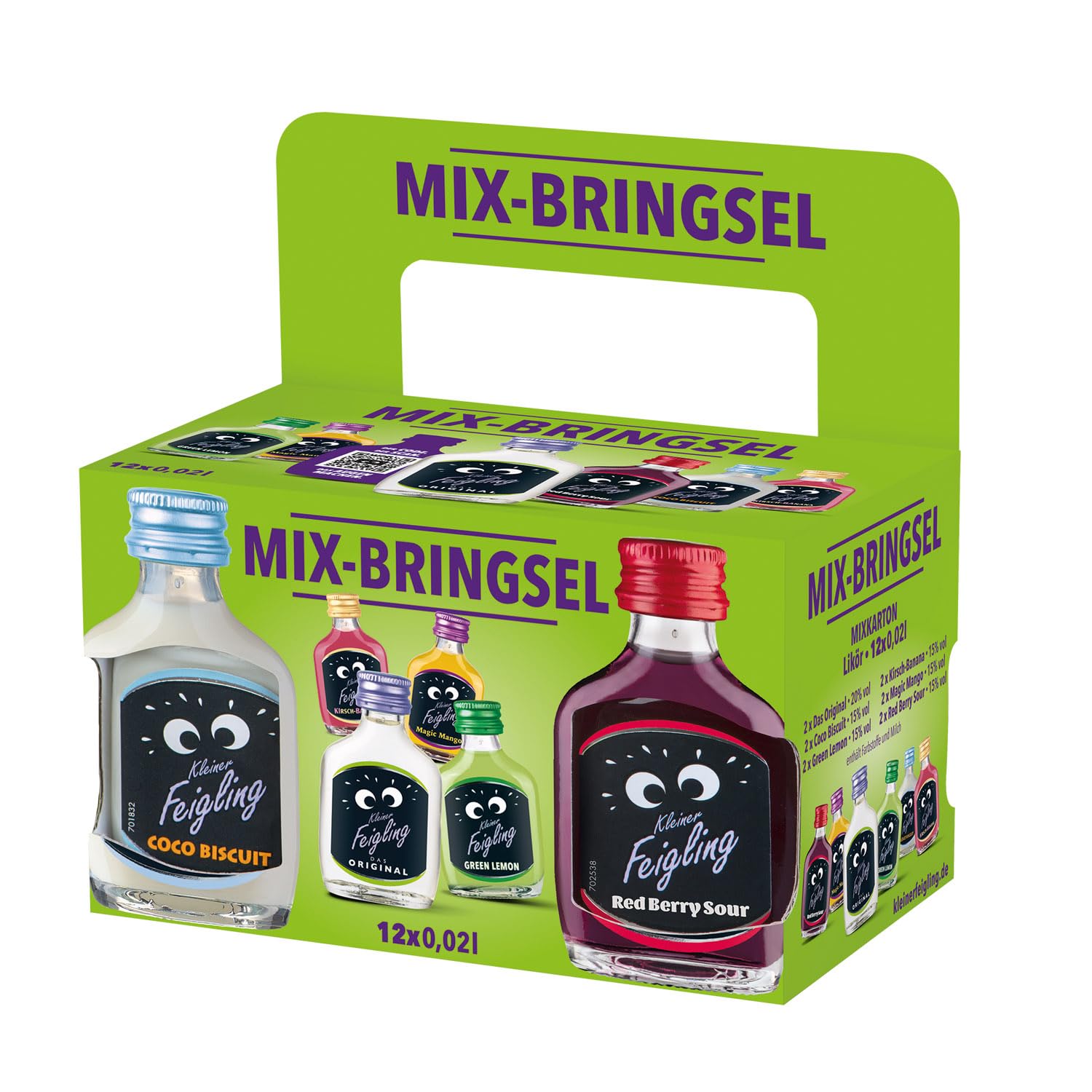 Kleiner Feigling Mix-Bringsel (12 x 20ml) – Der kultige Vodka-Schnaps in 6 fruchtigen Sorten – Frech, fruchtige Shots ideal für unterwegs im praktischen Mix-Paket – 15 % Vol.