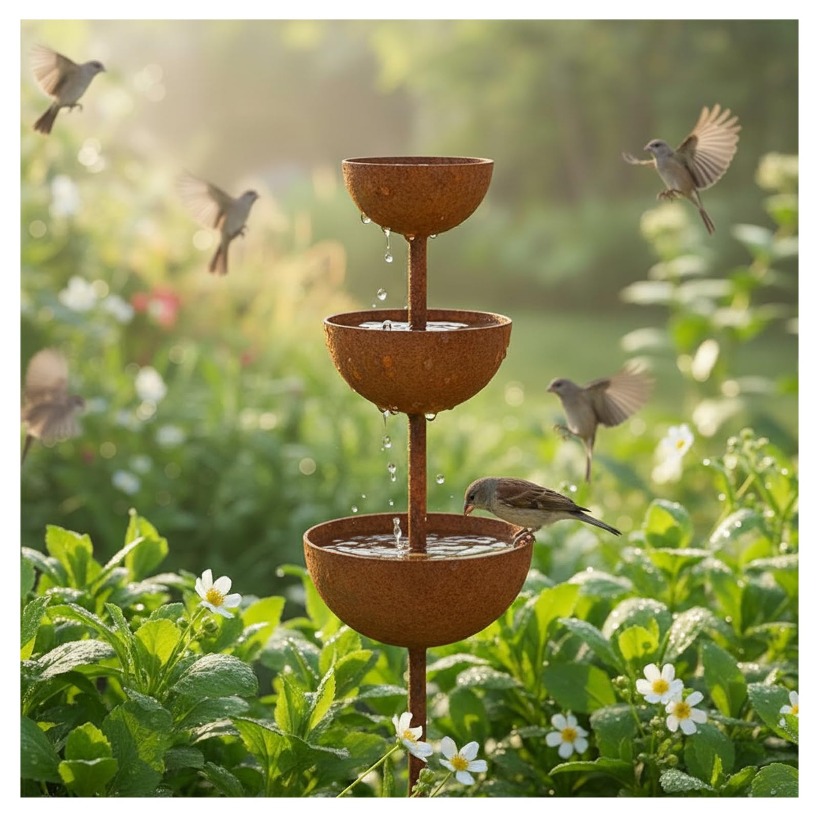 Rain Catcher - Plant Support Metal Garden Ornament, 2026 New Rain Catcher Garden Stake with 3-Tiered Water Bowls, Bird Bath & Butterfly Feeder, Outdoor Yard Art Decor