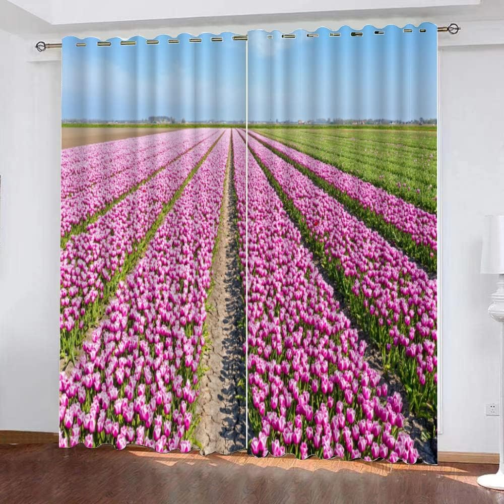 LUDSOL 3D Printed Flower Field Curtains, Green Grass Blackout Curtains