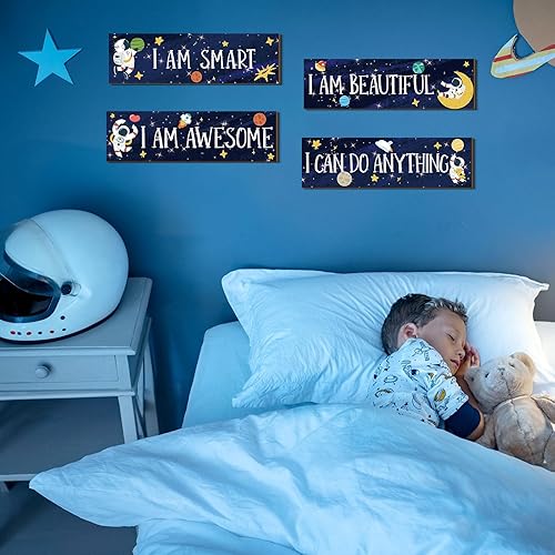 Miniatura 5 de Yookeer 4 piezas de decoración de habitación espacial para niños y niños, arte de pared para el espacio exterior, decoración de dormitorio para