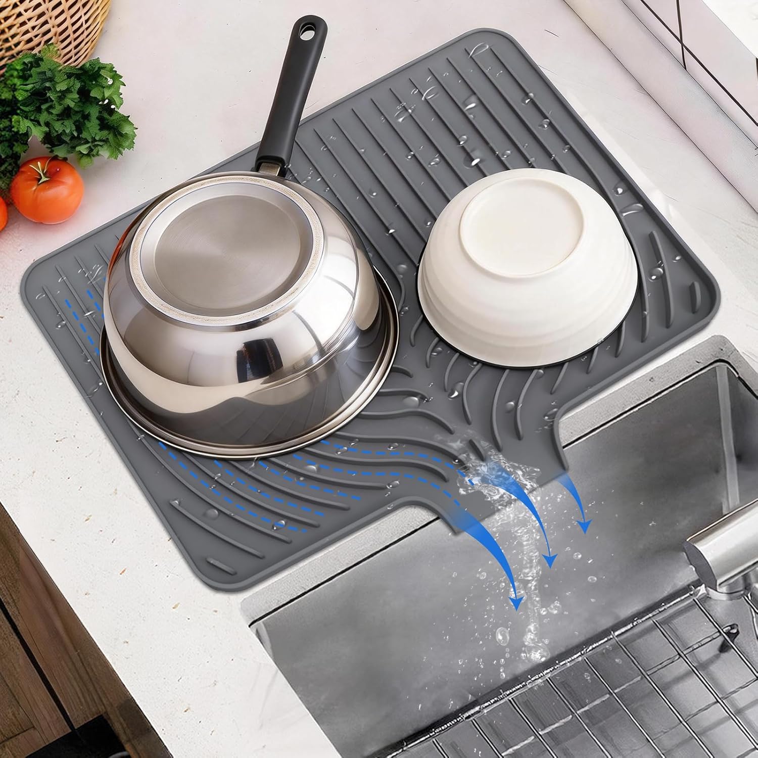 JACZZO Silicone Dish Drying Mat for Kitchen Counter, 19.7" x 17.2" Large Drying Mat with Built-in Drain Lip, Heat Resistant Countertop Protector Pad, Fast Drying & Easy Clean, Grey