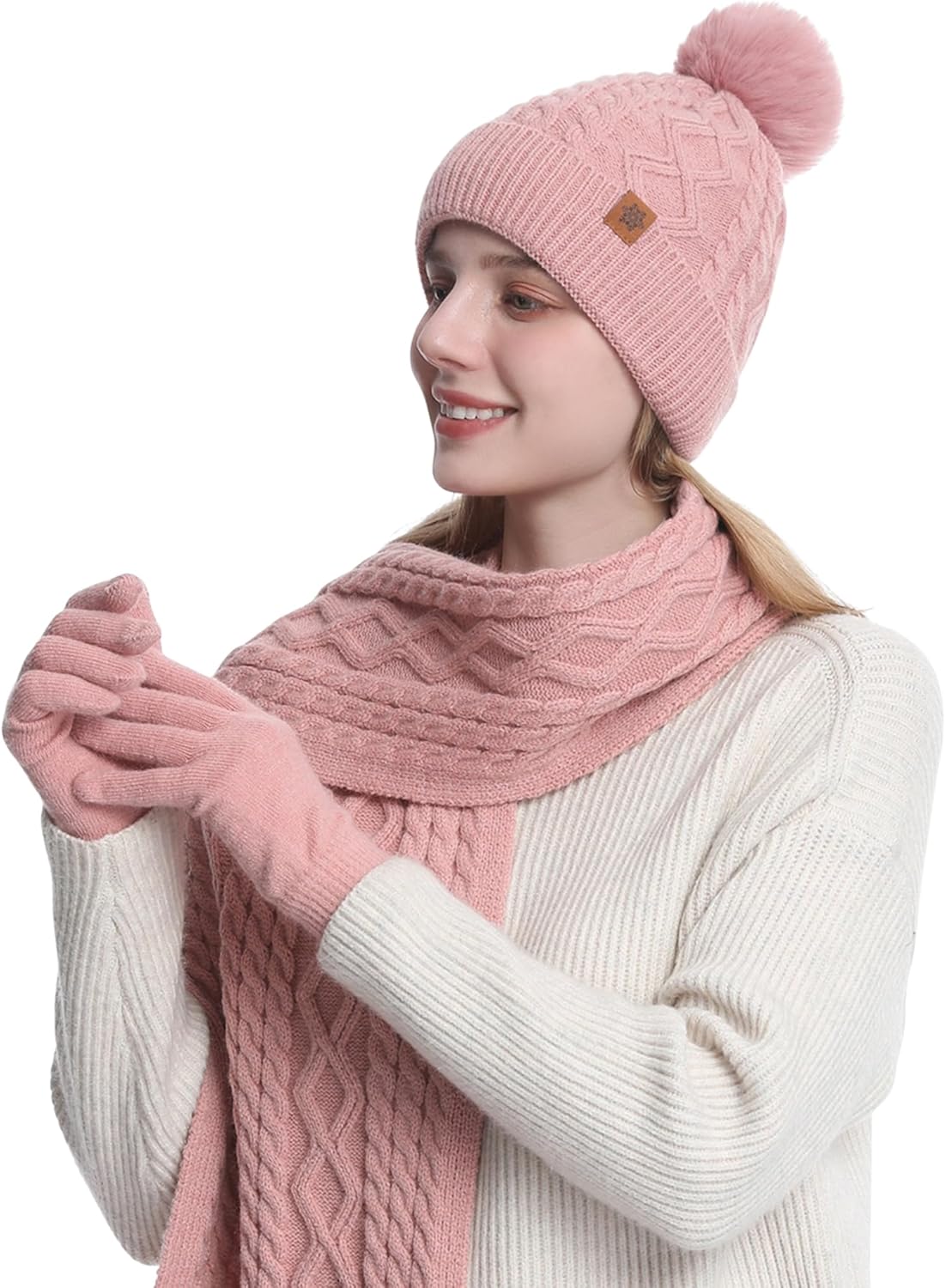 Womens Winter Beanie Hat Gloves Scarf Set Warm Fleece Knit Hat Long Scarf Gloves Touch Screen 3 in 1 Warm Gift Set