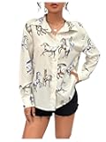 Floerns Women's Vintage Graphic Button Down Blouse Long Sleeve Lapel Collar Dressy Shirts