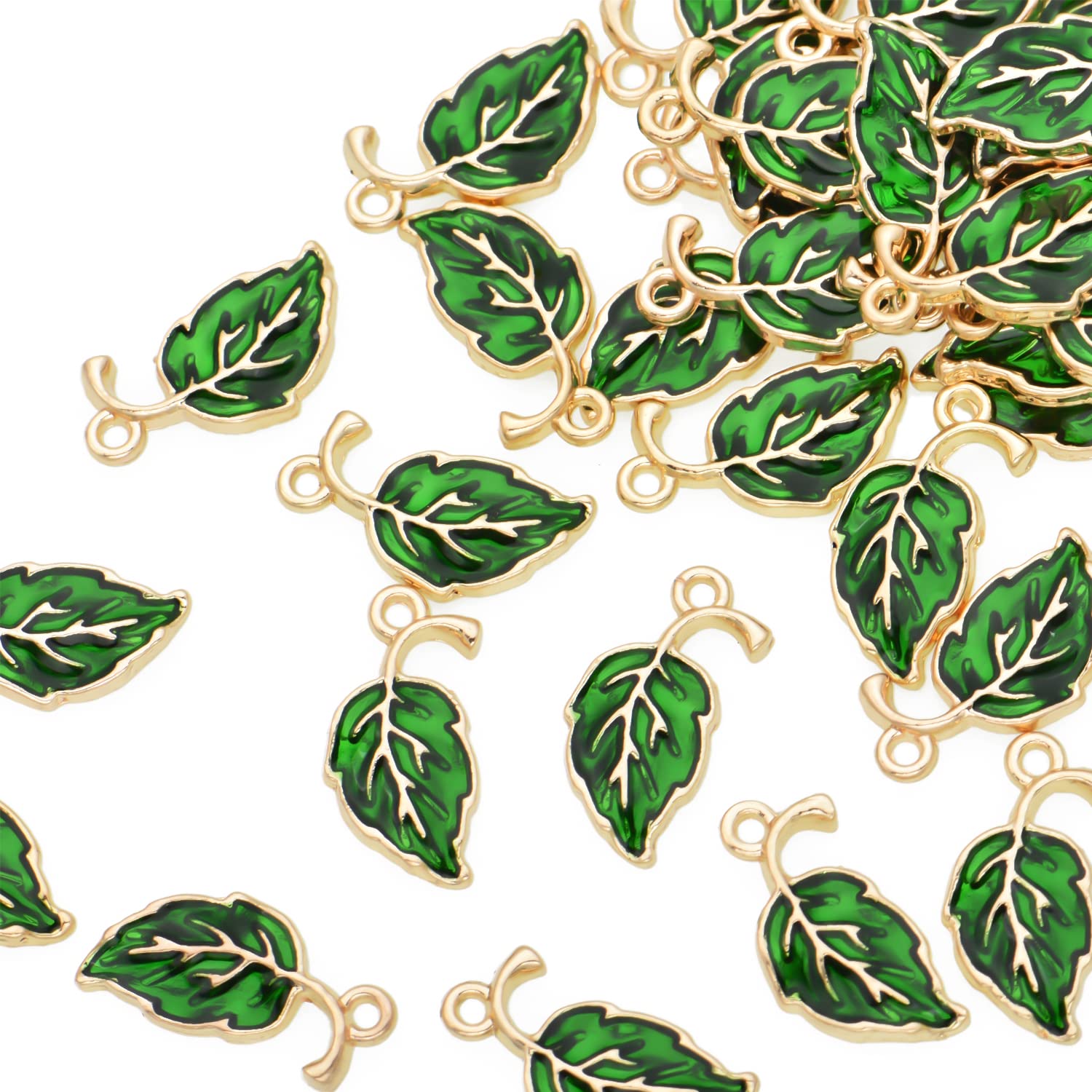 Pack of 80 Green Leaves Enamel Charms Gold Plated Colored Pendants Hawaii Style Accessories for Necklace Bracelet Jewelry Making DIY Crafting
