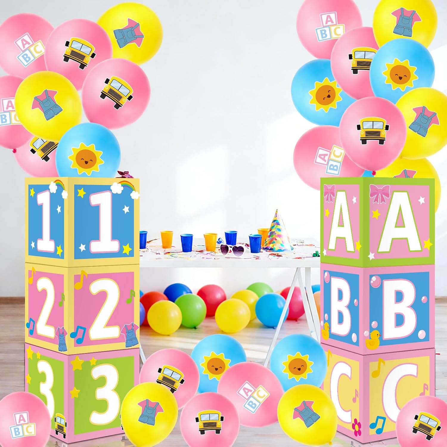 30Pcs Party Decorations English Teacher ABC Alphabet 123 Party Favor Boxes Cartoon Teacher Balloons for Cartoon Birthday Baby Shower School Classroom Party Supplies Photo Booth Props
