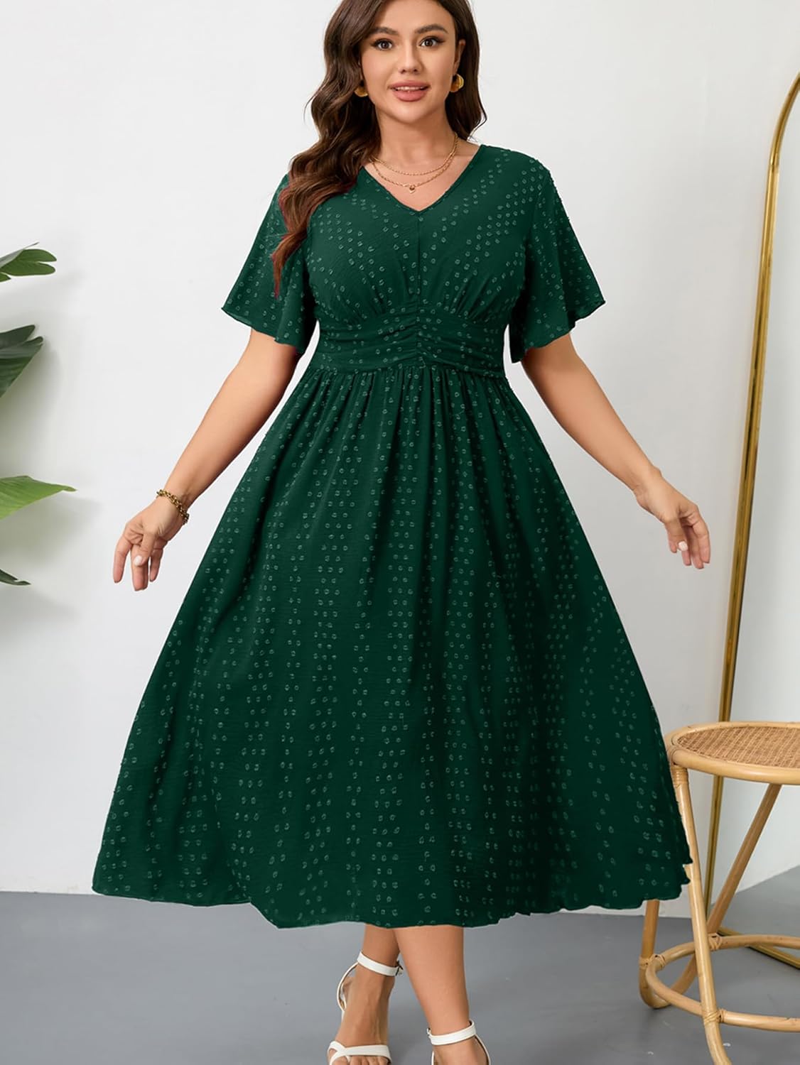 RWJ Women's Plus Size Maxi Dress V Neck Short Sleeve Swiss Dot A Line High Waist Boho Swing Casual Summer Dresses - Image 3