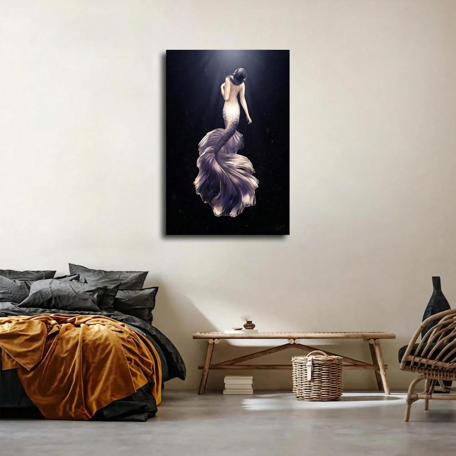 Fantasy Czarno-biały plakat do łazienki syrenka druk na płótnie malarstwo sztuka ścienna do sypialni salonu dekoracja ścienna 40 x 70 cm (16 x 28 cali) z ramą
