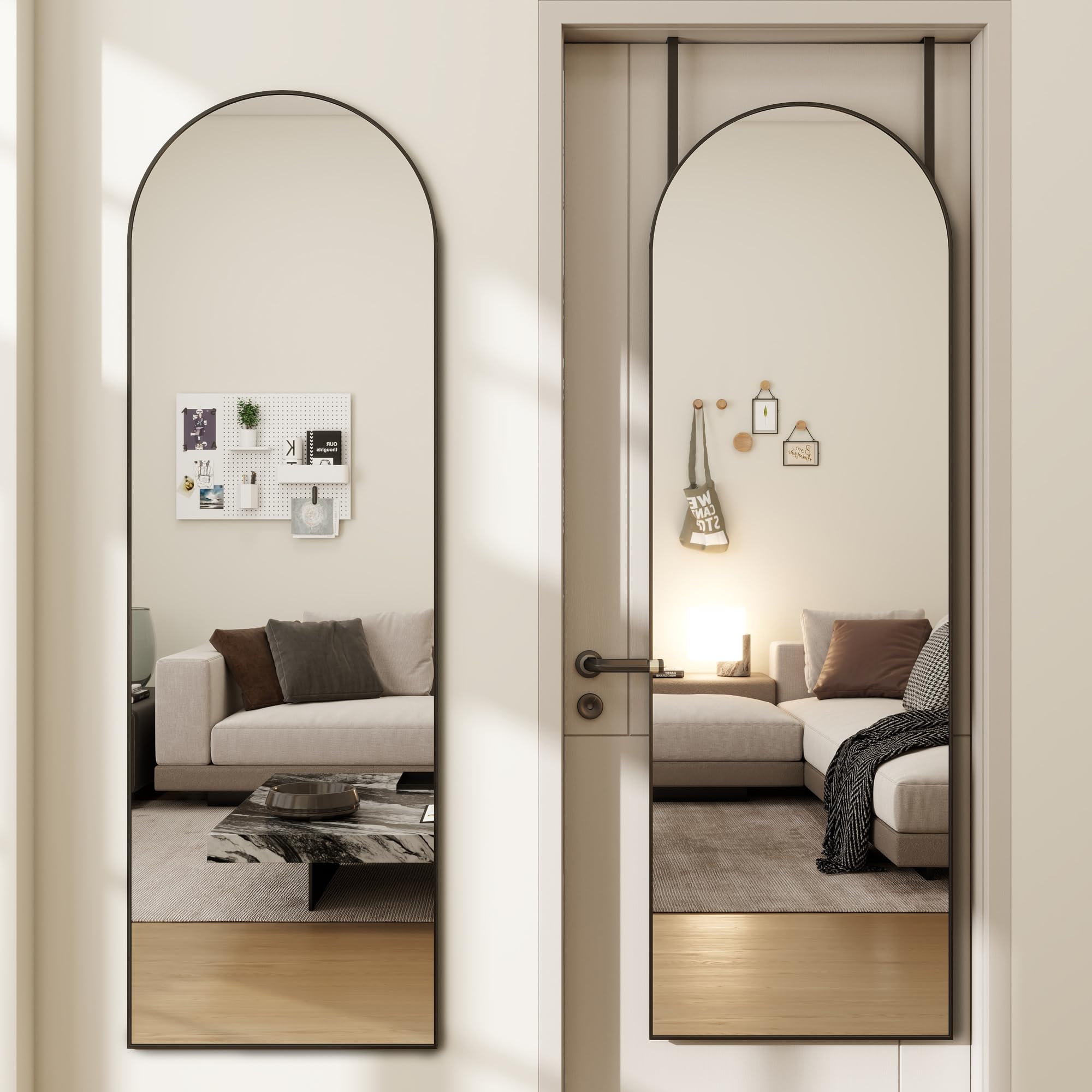 Door Mirror, Arched Full Length Mirror Over The Door, 14"x 48" Hanging or Wall Mirrors, Full Body Mirrors - Black