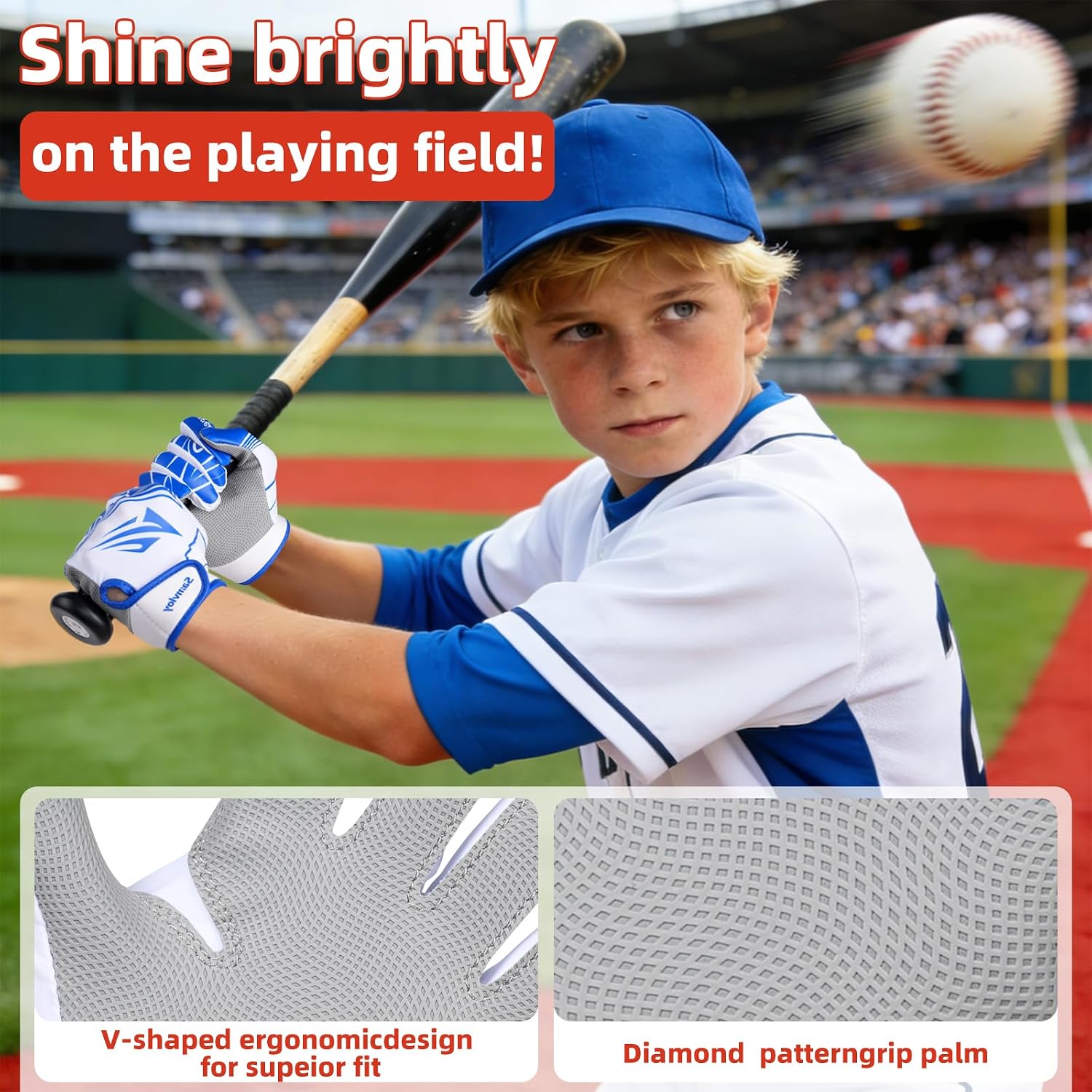 Baseball Batting Gloves for Youth with Super Grip and Finger-Fit Palms - Unisex Fit for Men, Kids, Boys & Girls