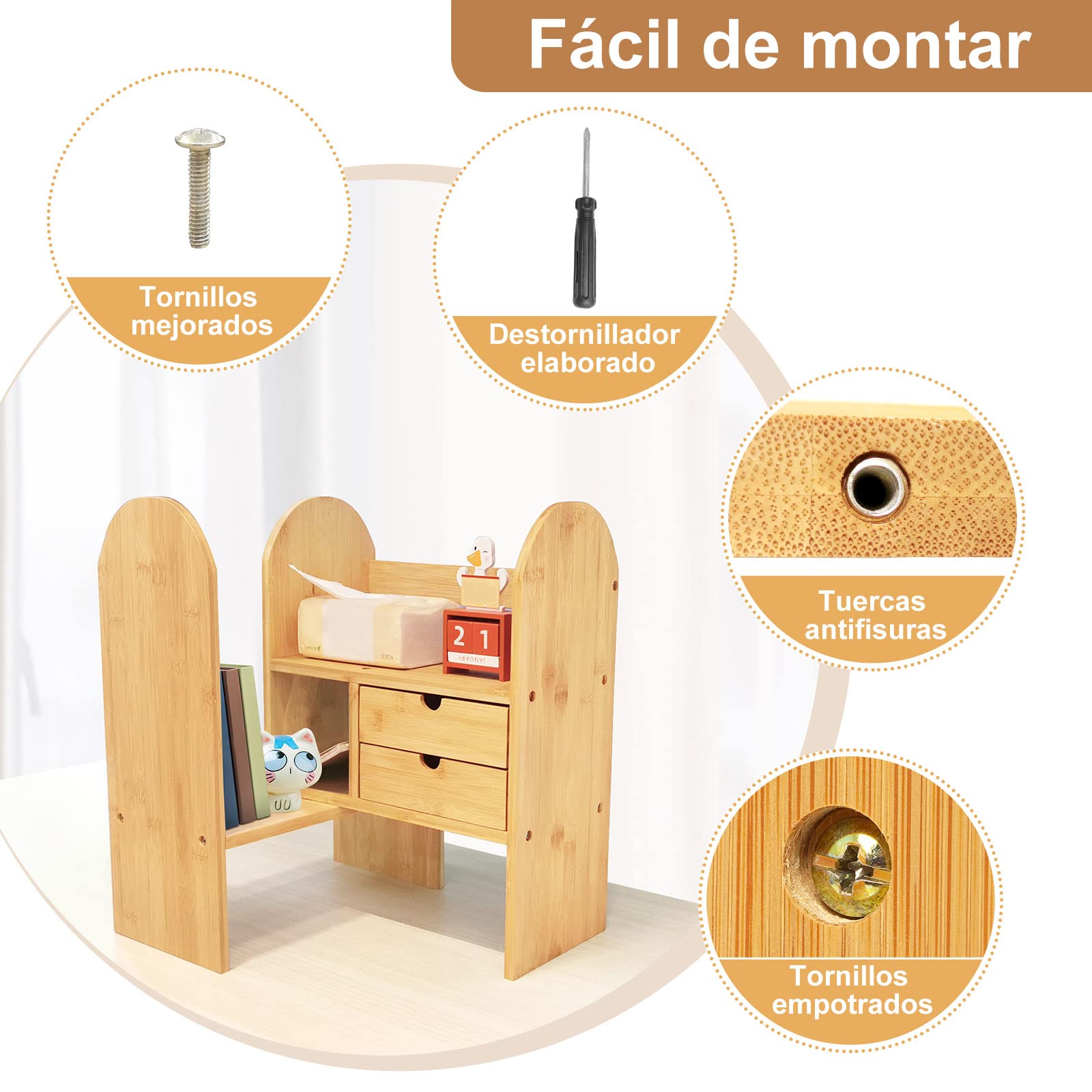 GUUSII HOME Estantería Escritorio Estanteria Pequeña Madera Sobremesa Oficina Organizador Libros con Cajones Estante Livros de Bambú Ajustables Libreria De Pie para Libros