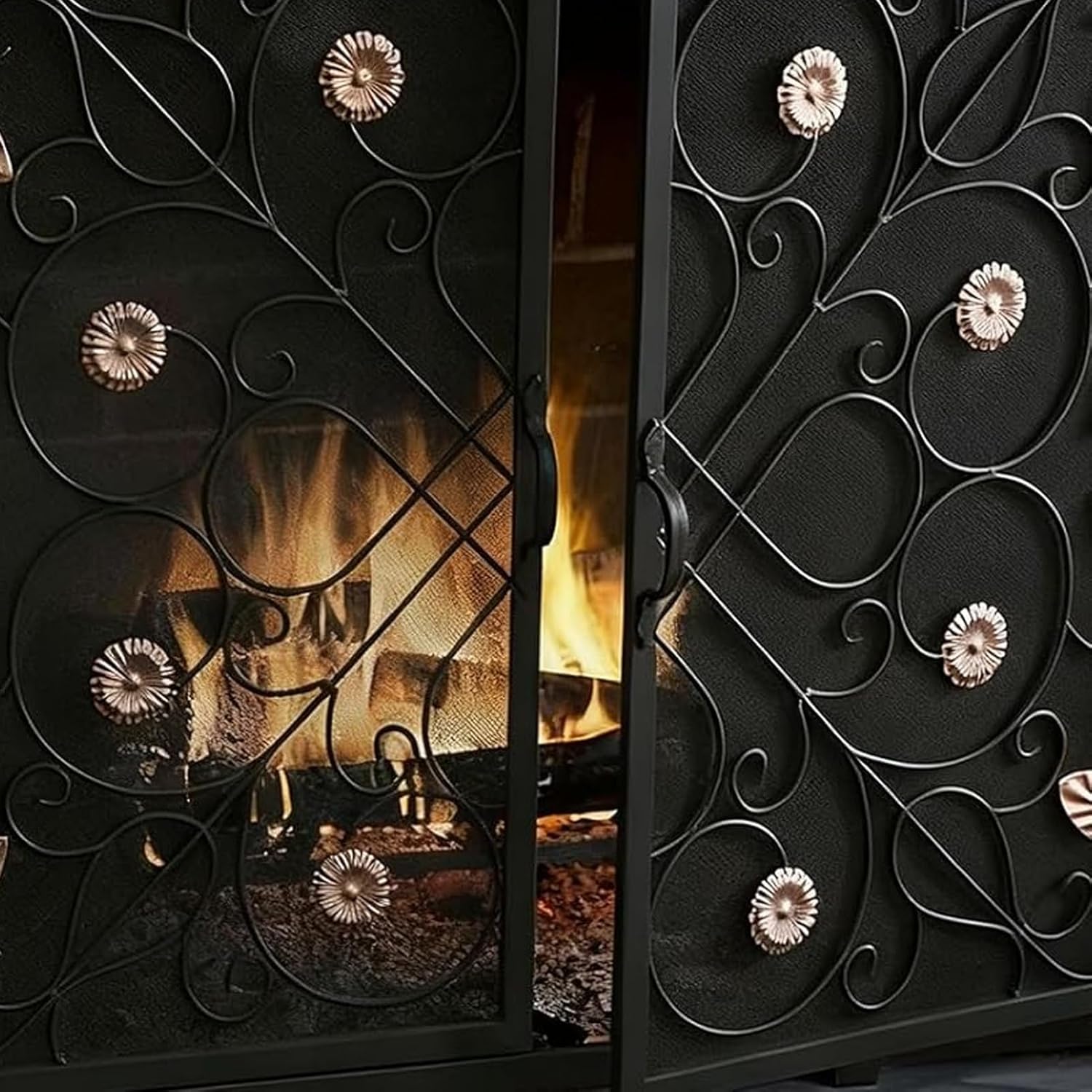 JKGHK Flat Fireplace Screen with Doors, Flat Guard Black Metal Furnace Fireguards Mesh, Free Standing Spark Guard with Handle, Fireplace Cover for Living Room, Pet Safety