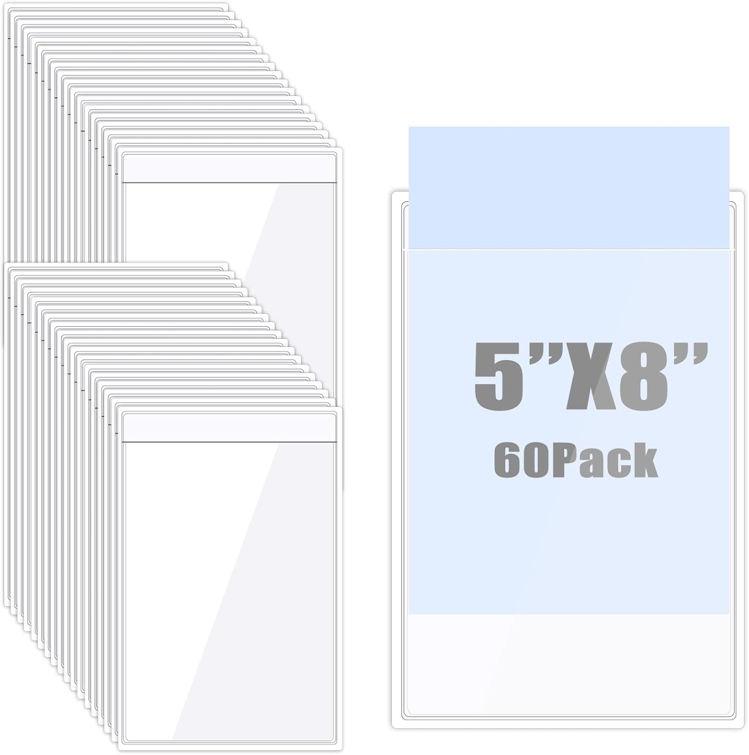 60 Pack Adhesive Pockets Clear Plastic Sleeves Shop Ticket Holders Bulk Top Load Label Storage Bin Index Card Pockets for Home Office Library Posting Sign (5 x 8 Inch)
