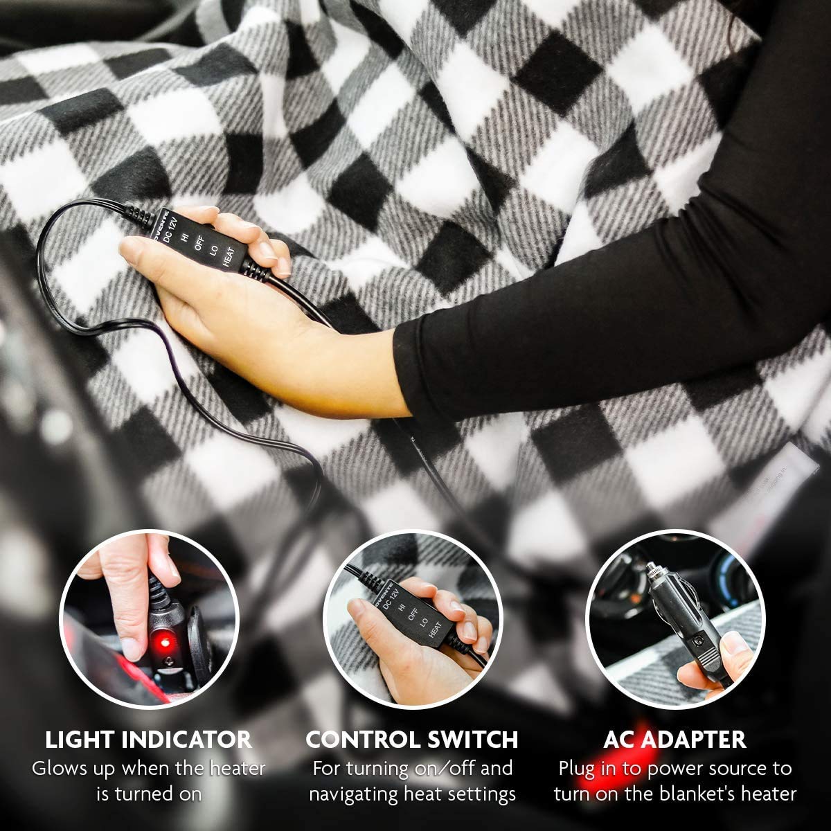 OVENTE Electric Heated Throw Blanket, 57” x 39” Soft Polyester Fleece Heating Blanket with Car AC Outlet, Temperature Control, Overheat Protection and Machine Washable, Black & White BL4602BW