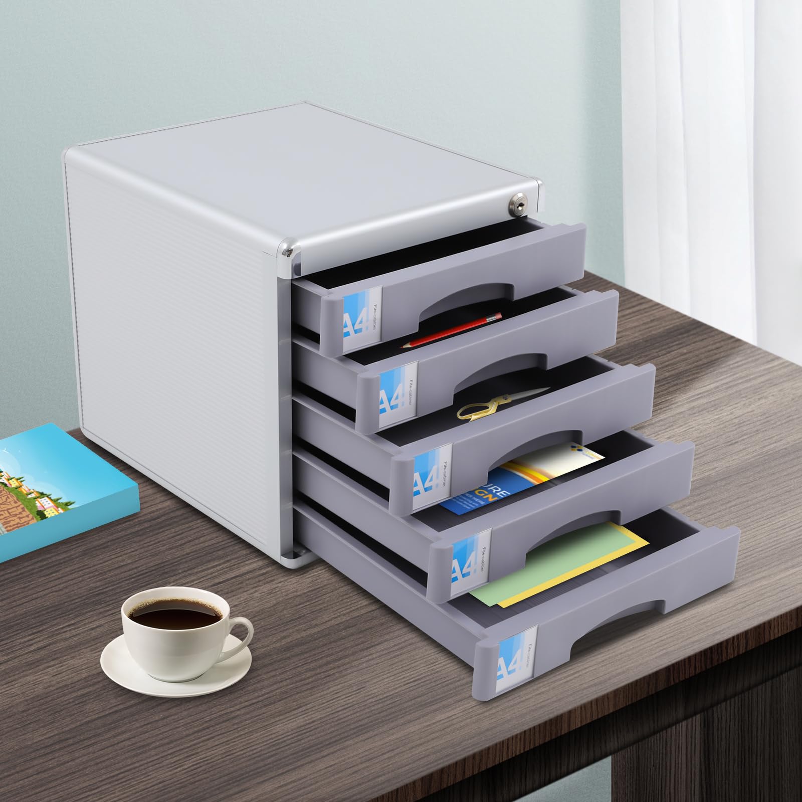 5-Stufige Schubladenbox A4 Organizer mit Schloss - Dokumentenablage Schubladenturm, 25kg Tragkraft, Schreibtisch Organizer für Büro, Homeoffice, 36 x 30 x 31 cm