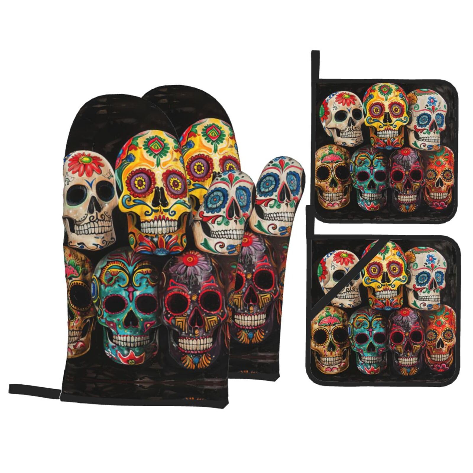 sugar skulls Print Stylish 4-Piece Microwaving Oven Waterproof Kitchen Gloves Baking Holiday Cooking