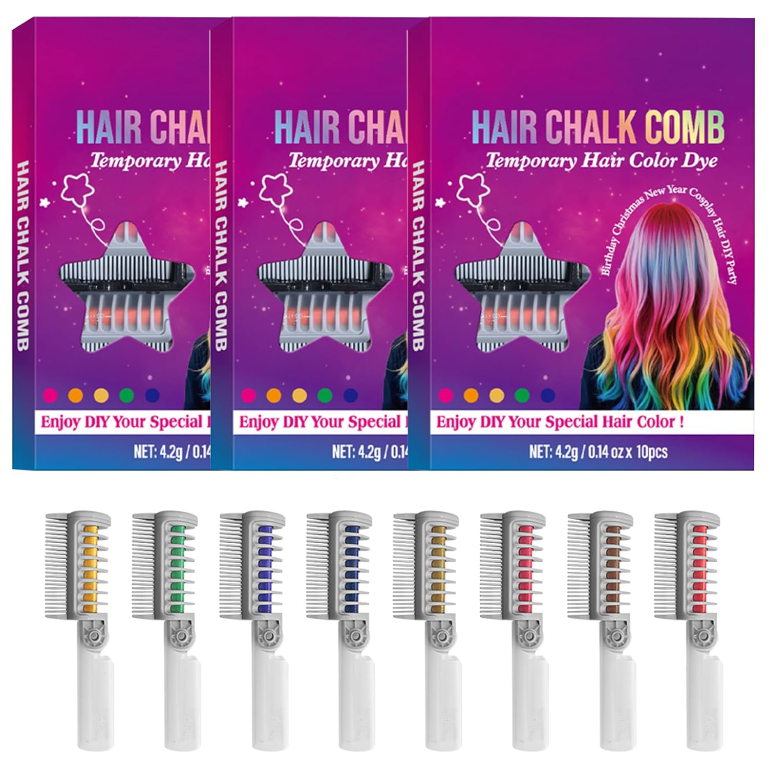 8 Colors Festive Fun Hair Chalk Combs - Temporary Washable Hair Color for Girls, Perfect for Christmas, Birthday Parties, Halloween Festive Fun Gifts (3 Sets)